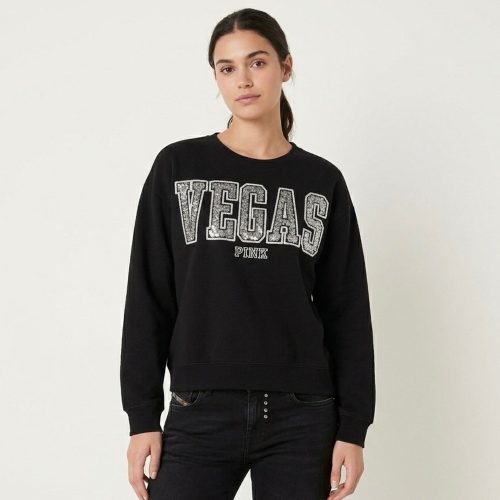 VS PINK Vegas Sequin Crewneck Sweatshirt Black Small Y2K Style Streetwear Cozy‎